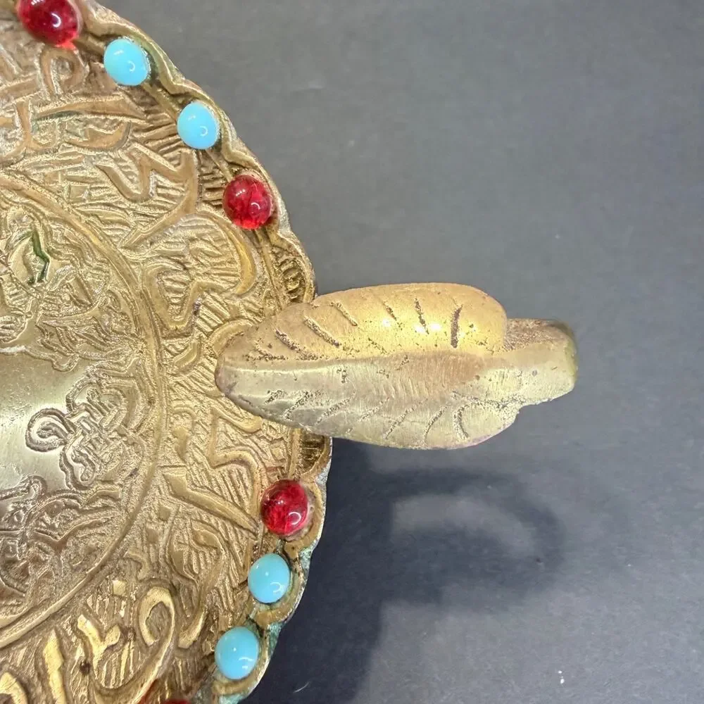 Vintage Damascus Brass Chamberstick Candle Holder Jeweled Turquoise Red Bead 4.5